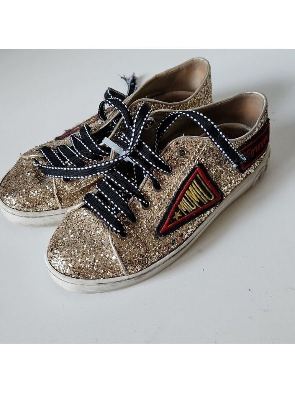 MIU MIU | Glitter Sneakers with Patches, Gold Size 35 MSRP: $650.00